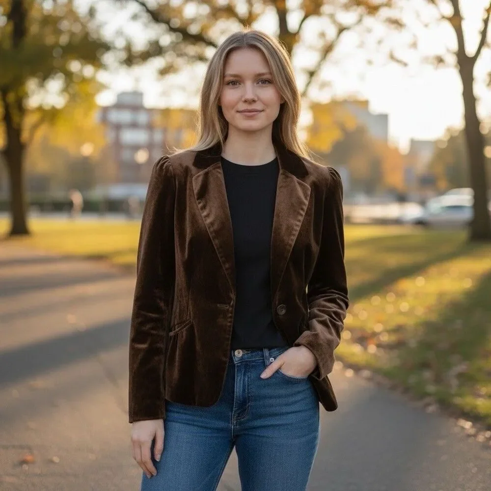 Caslon Velvet Brown Blazer 4P Silk Blend Academia Preppy Office Event Evening